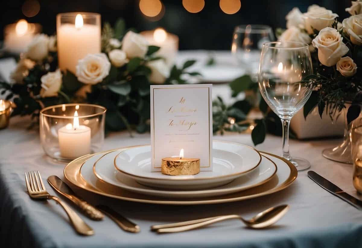 A table set with elegant personalized invitations, surrounded by delicate floral arrangements and twinkling candlelight