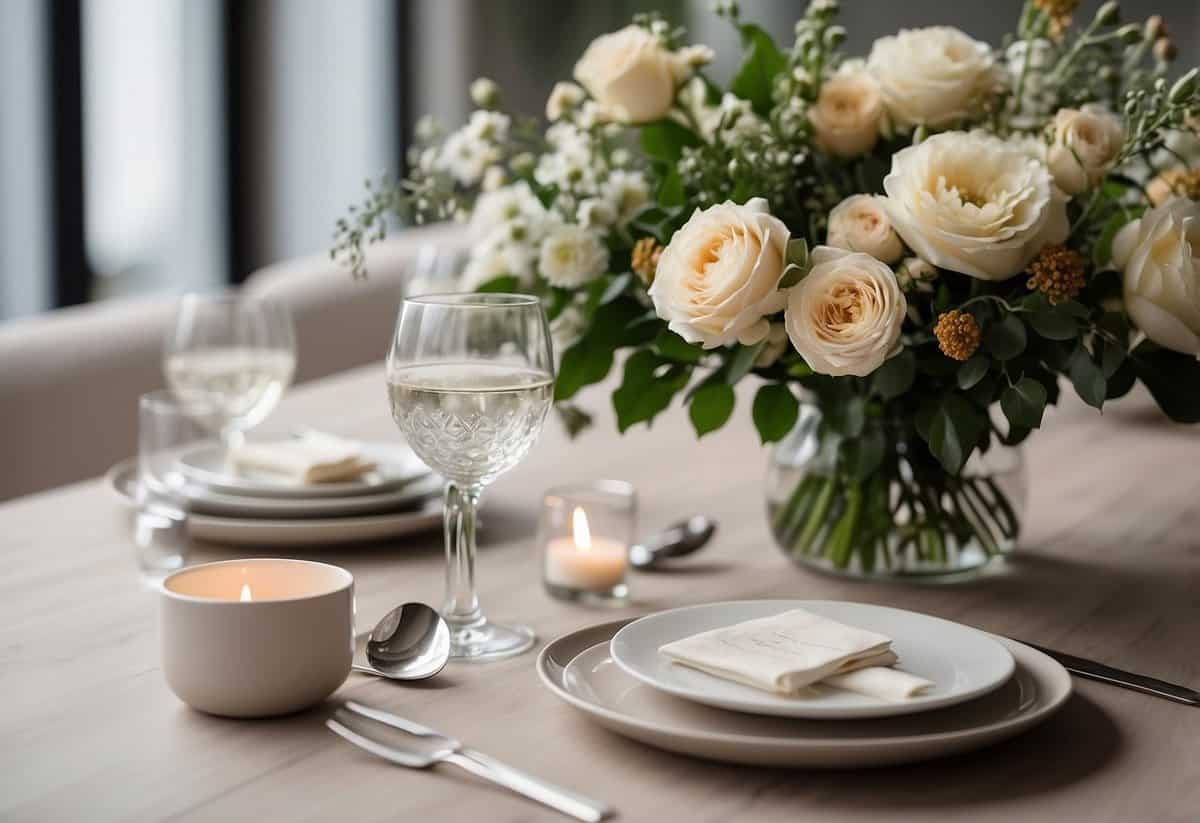 A simple, modern table setting with clean lines and a neutral color palette. A small bouquet of fresh flowers serves as a centerpiece