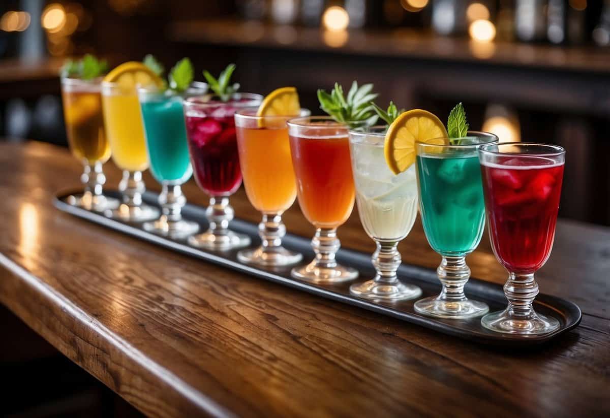 A beautifully arranged table with a variety of colorful signature drinks displayed on a rustic wooden bar, surrounded by elegant glassware and fresh garnishes