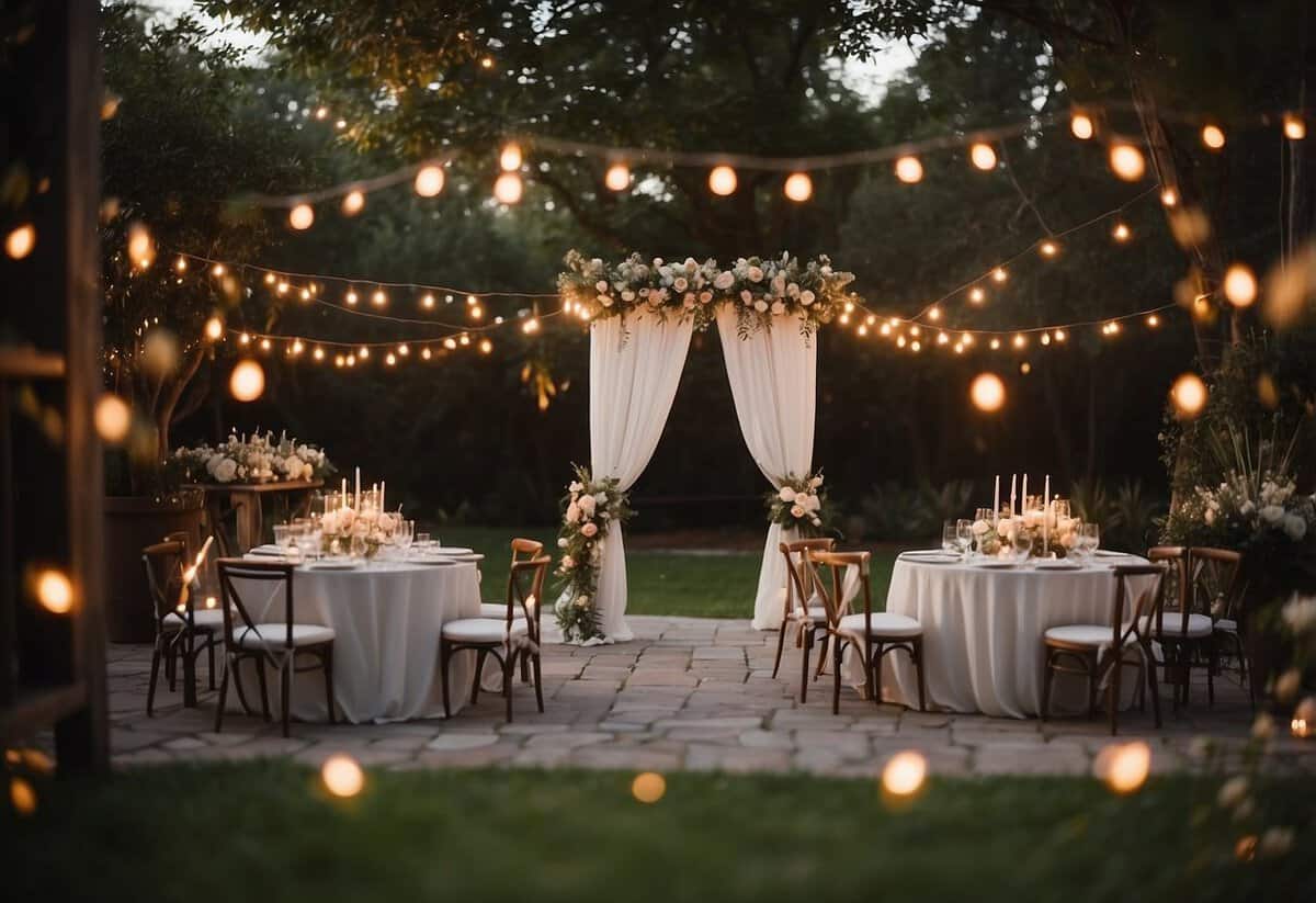 A cozy backyard set-up with a small wedding arch, string lights, and elegant table settings. A skilled photographer captures the intimate ceremony