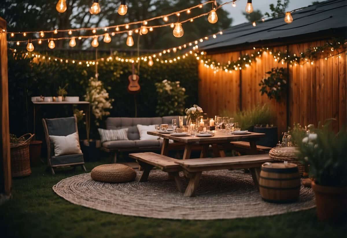 A cozy backyard setting with fairy lights, a small stage for live music, and a table displaying a custom playlist for a micro wedding