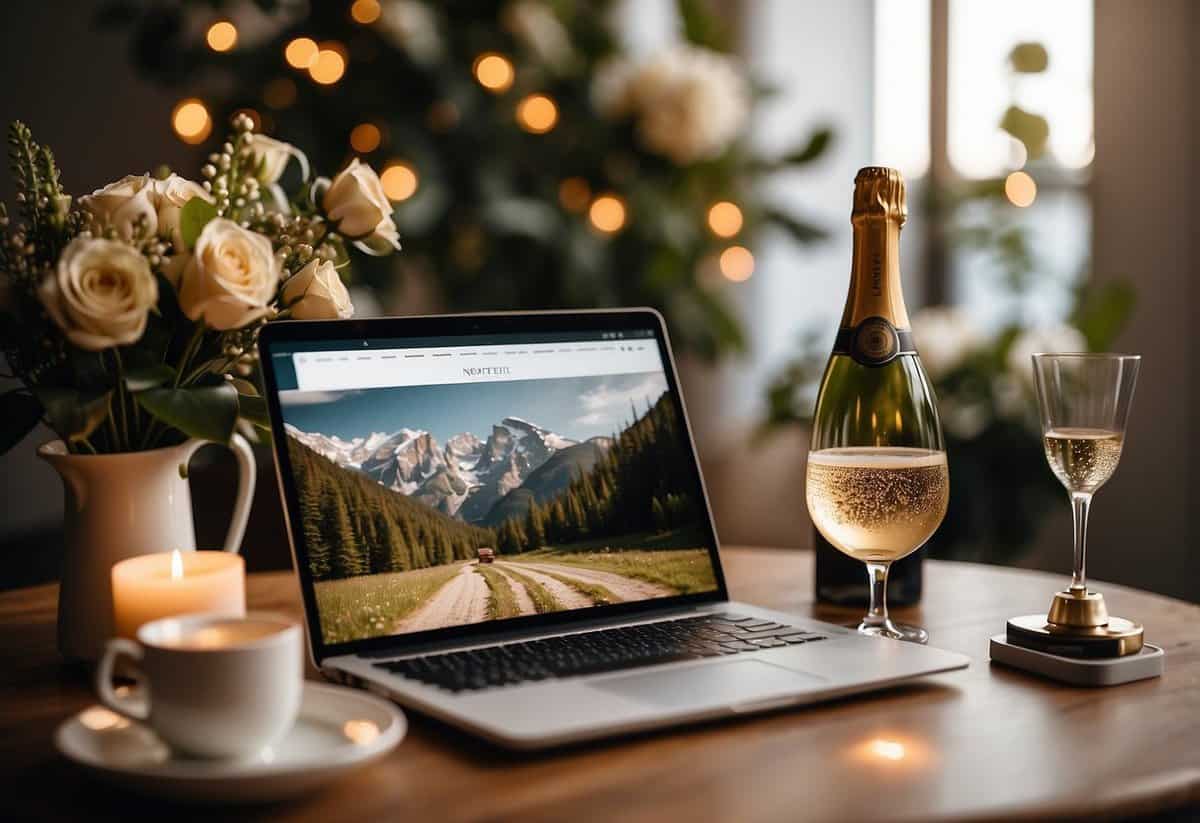 A couple sits at a small table with a laptop, discussing wedding website tips. A bouquet of flowers and a glass of champagne are nearby