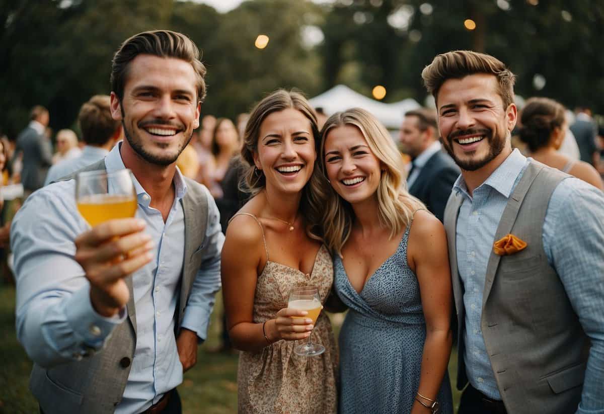 Guests participate in lawn games, photo booth, and DIY cocktail station at a small outdoor wedding. Laughter and mingling fill the air