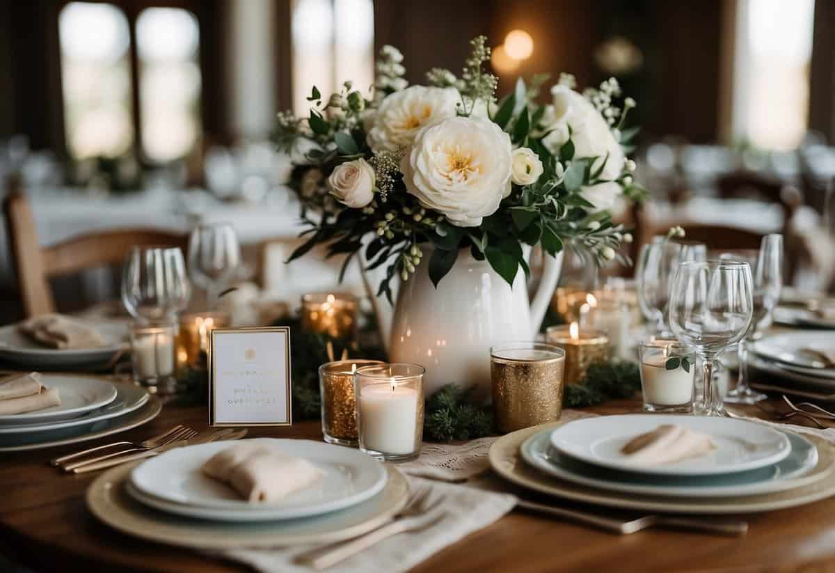 A table with curated welcome bags, small wedding decor, and tips displayed