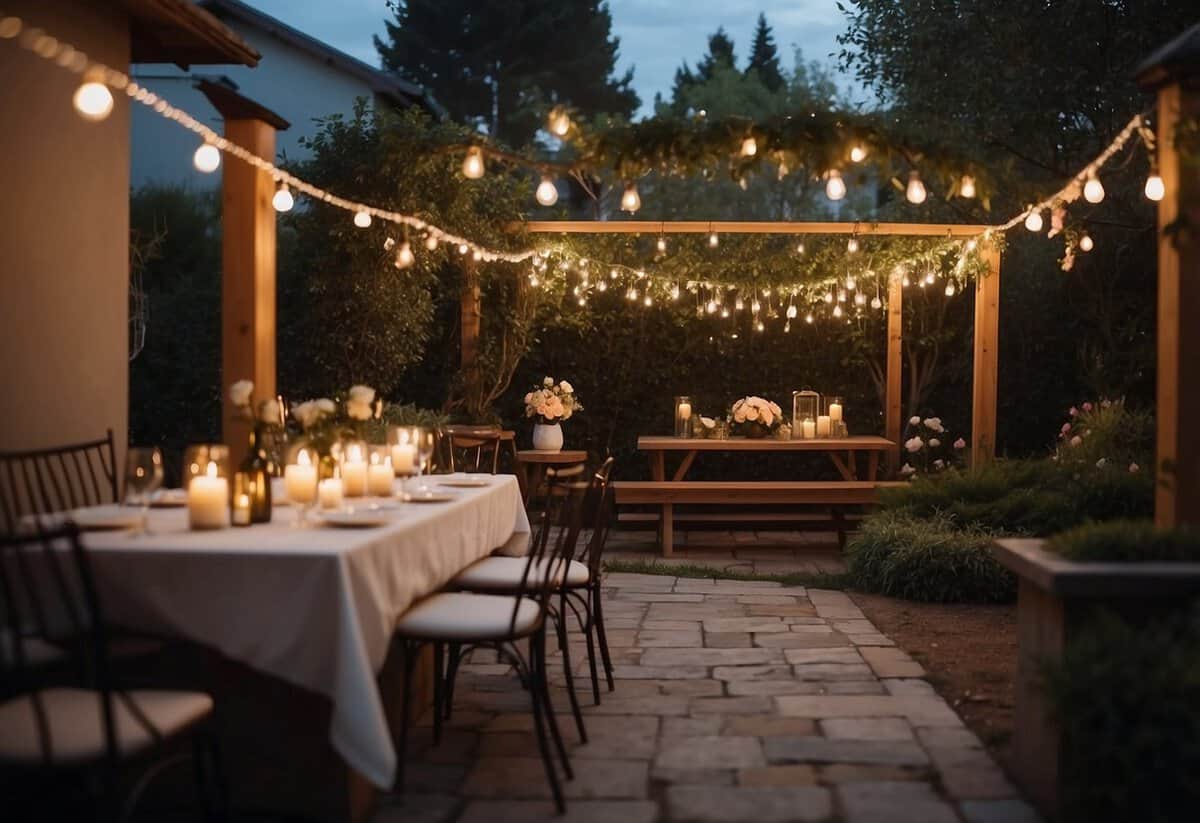 A cozy backyard with twinkling string lights, a small intimate table set for a few guests, and a simple yet elegant altar for the ceremony