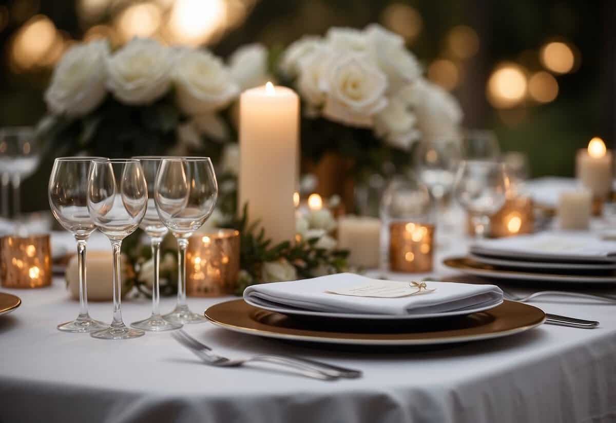 A table set with elegant invitations, surrounded by decorative elements and flowers, creating a warm and inviting atmosphere for a wedding party