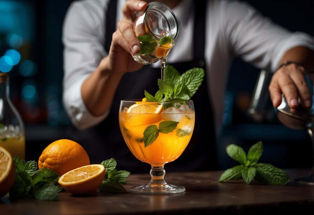 A bartender expertly mixes a colorful cocktail in a crystal glass, garnishing it with a twist of citrus and a sprig of fresh mint