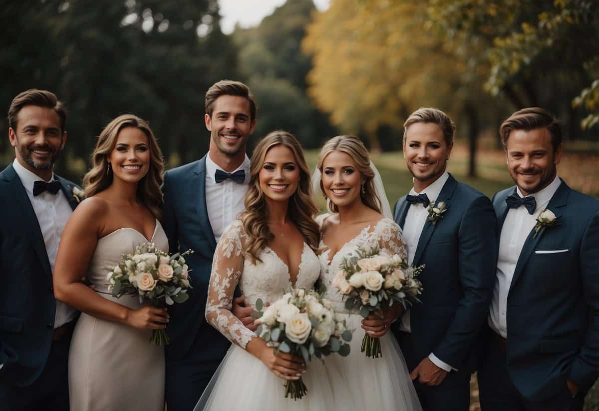 A professional photographer captures a joyful wedding party, posing in elegant attire amidst a picturesque outdoor setting