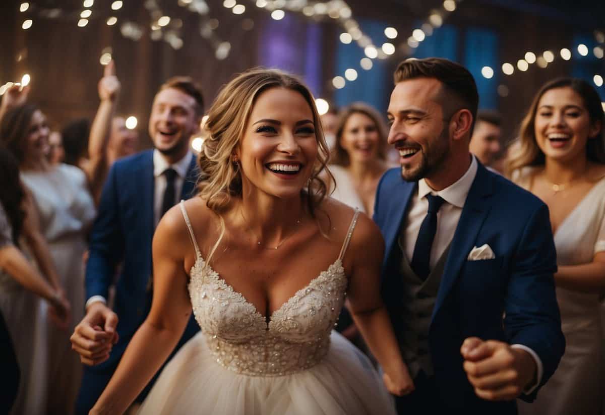A group of people dance in a circle, smiling and laughing. The bride and groom lead the dance, surrounded by their friends and family. The scene is filled with joy and celebration