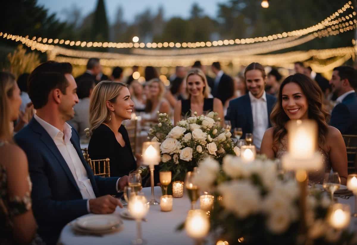 Guests mingle under twinkling lights, surrounded by elegant floral arrangements and a grand banquet table. A live band plays in the background as laughter and clinking glasses fill the air
