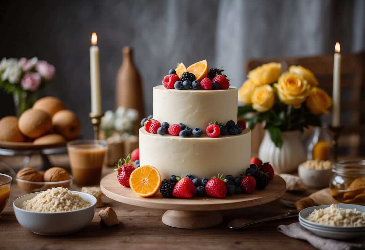 A table with assorted baking tools and ingredients for a wedding cake. A step-by-step guidebook and a beautifully decorated finished cake in the background