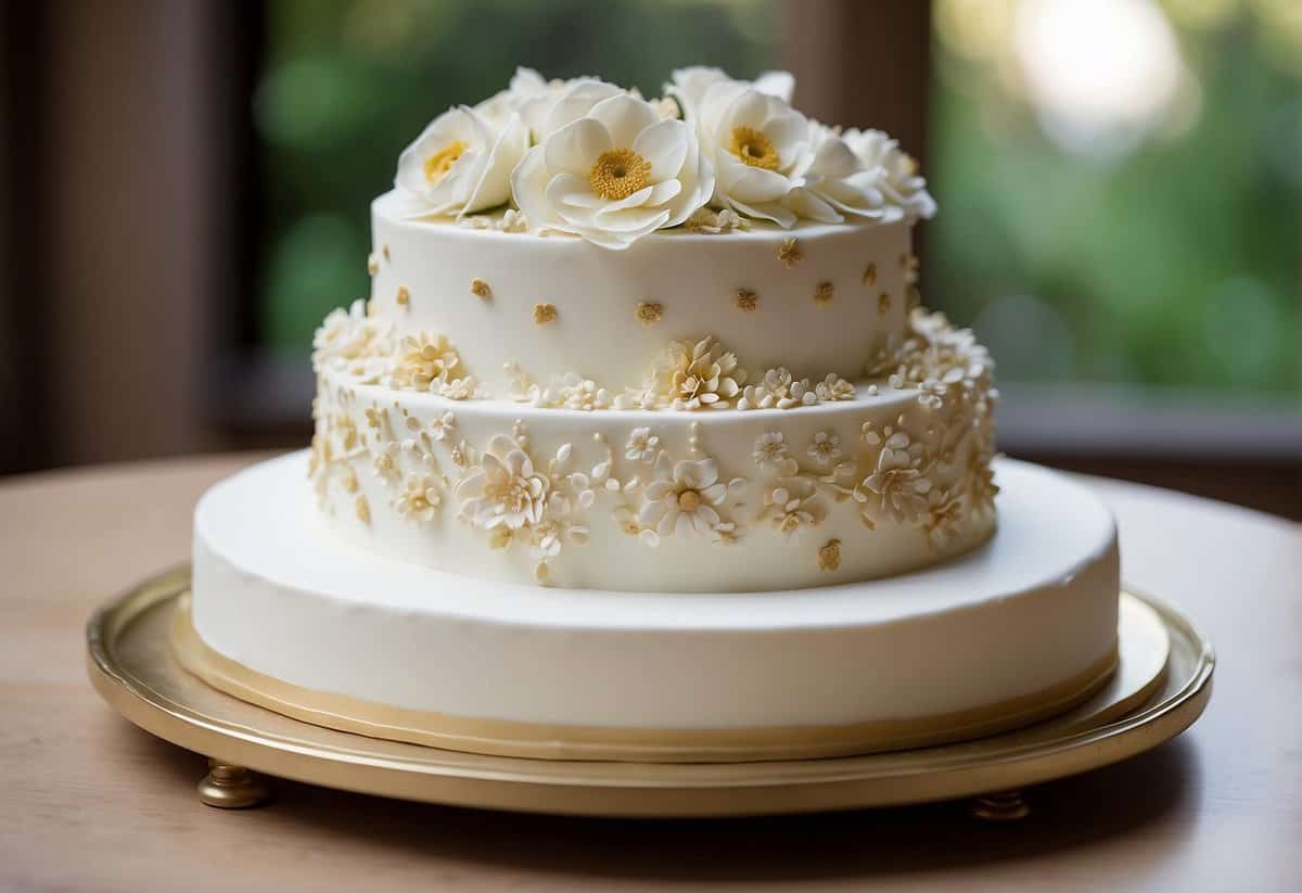 A white wedding cake with buttercream frosting, adorned with delicate floral decorations and displayed on a tiered stand