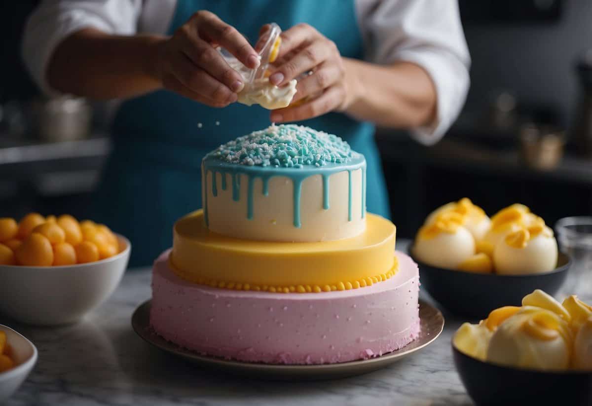 A baker carefully mixes gel food coloring into frosting for a wedding cake
