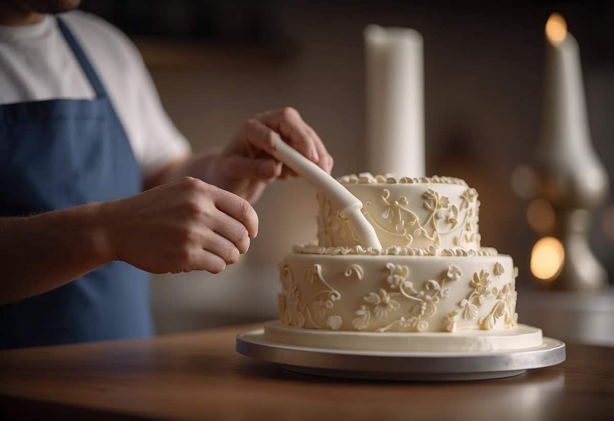A baker skillfully pipes intricate designs onto a wedding cake using a piping bag, creating elegant and detailed decorations