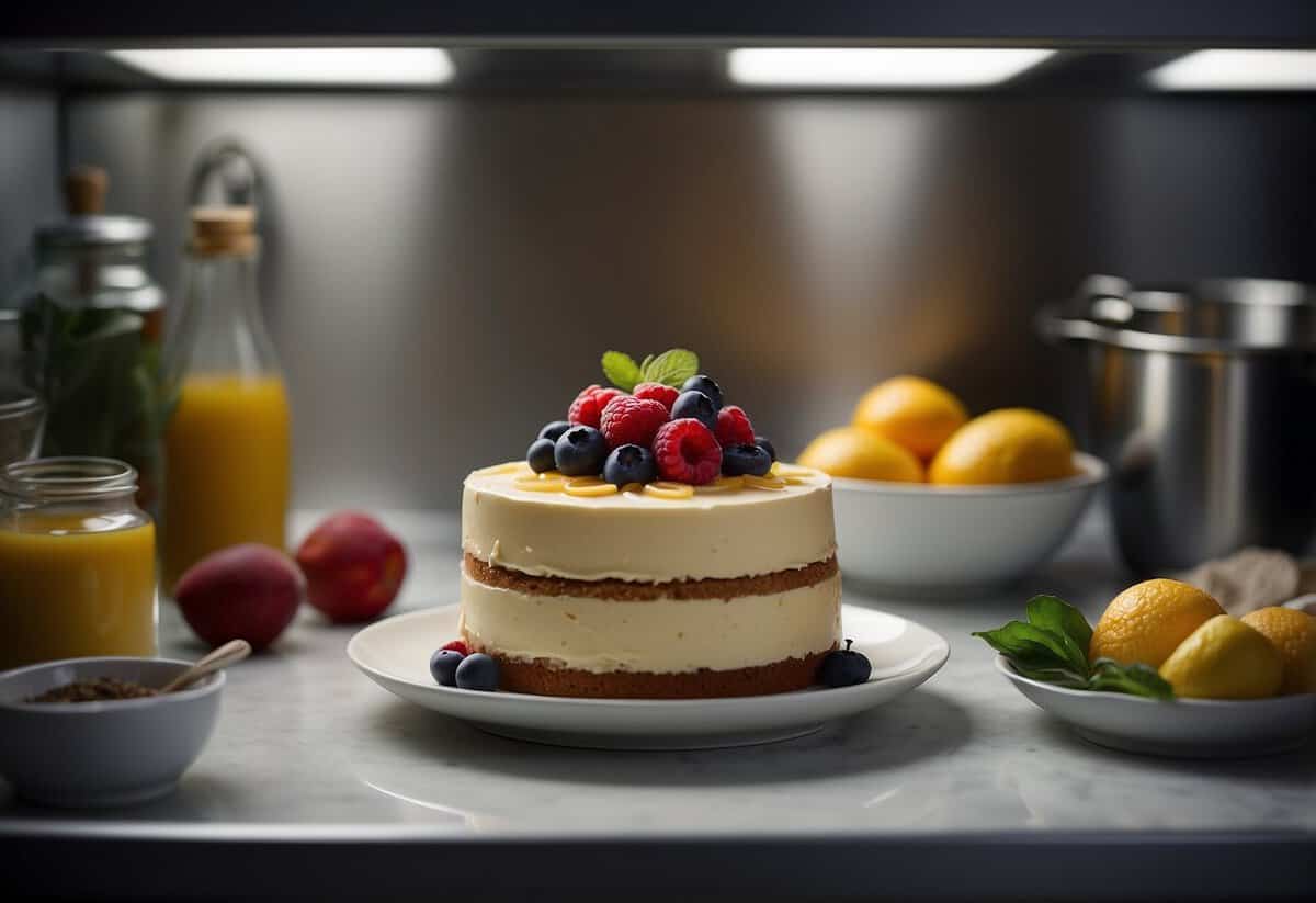 A cake sits in a refrigerator, surrounded by ingredients and utensils. A timer ticks in the background