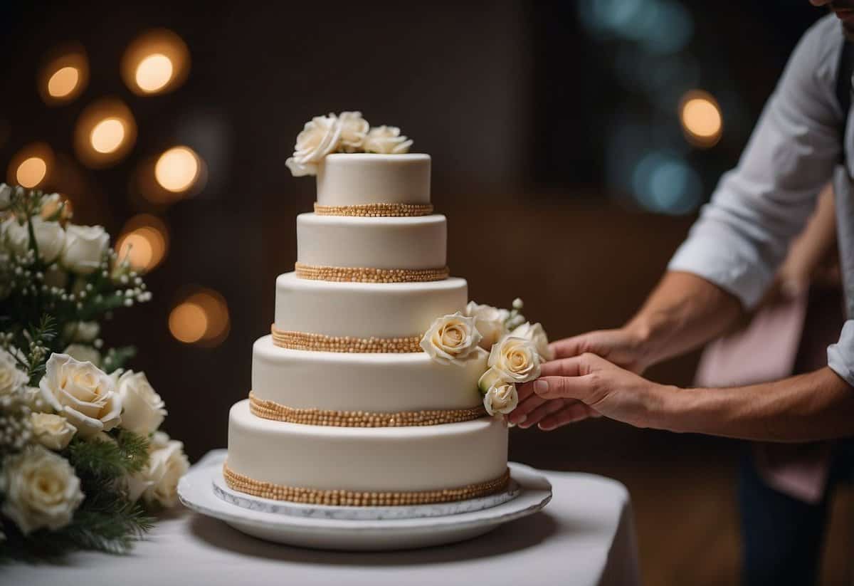 A pair of hands carefully transports a tiered DIY wedding cake with tips on top