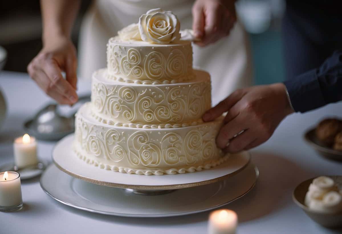 A baker smoothly spreads frosting on a tiered wedding cake, adding delicate swirls and intricate designs with a piping bag