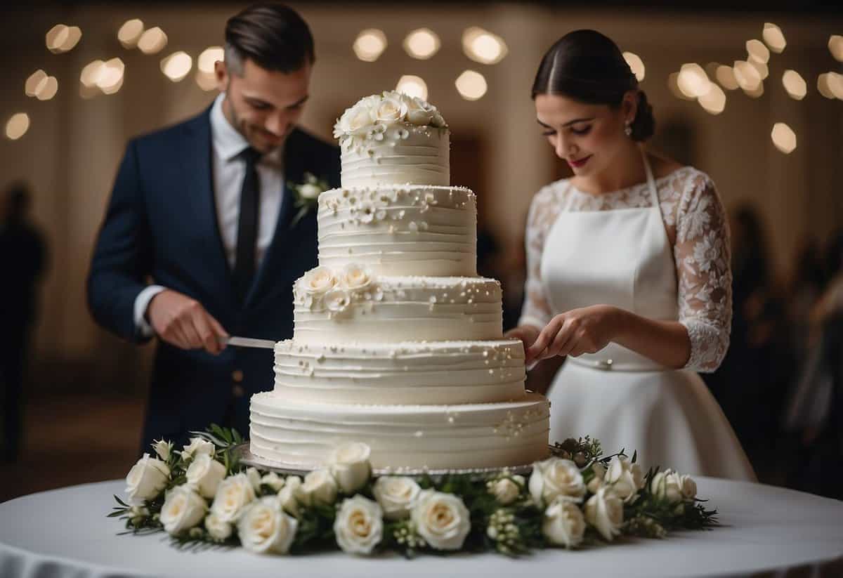 A couple cuts a three-tiered wedding cake with a sharp, serrated knife. The cake is elegantly decorated with white frosting and adorned with fresh flowers