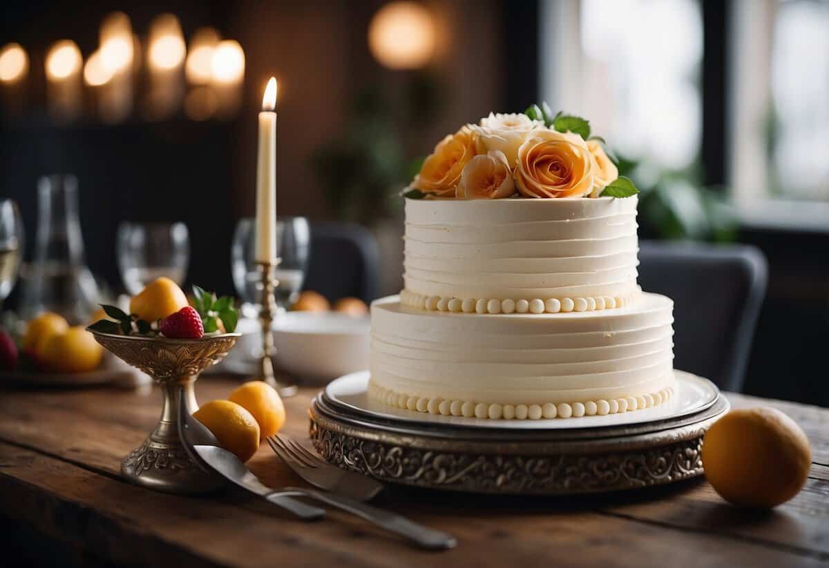 A wedding cake sits on a table with a cake cutting guide and utensils nearby