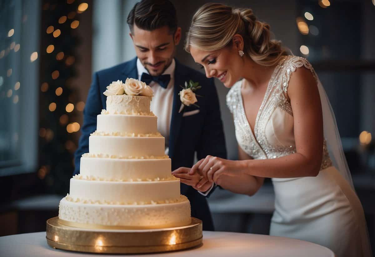 A couple cutting a wedding cake with bottom tier tips