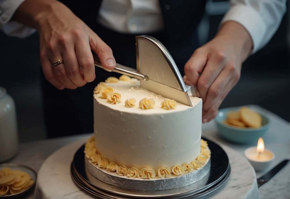 A gentle sawing motion cuts into a tiered wedding cake, creating clean slices