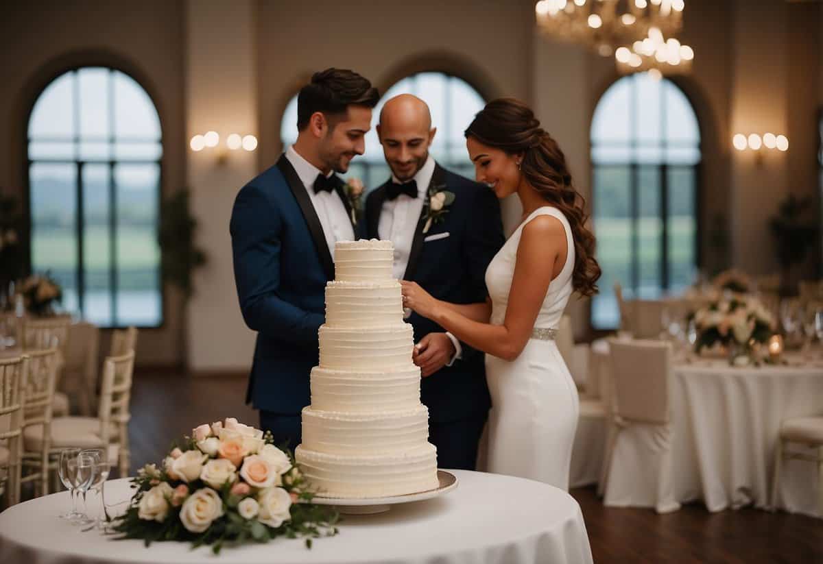 A bride and groom stand at a beautifully decorated table with a multi-tiered wedding cake. They each hold a napkin as they prepare to cut into the cake together