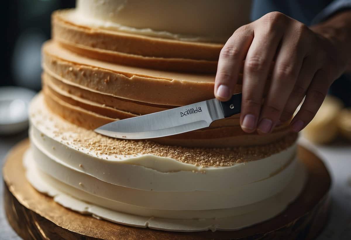 A knife slices through a multi-tiered wedding cake, creating smaller pieces