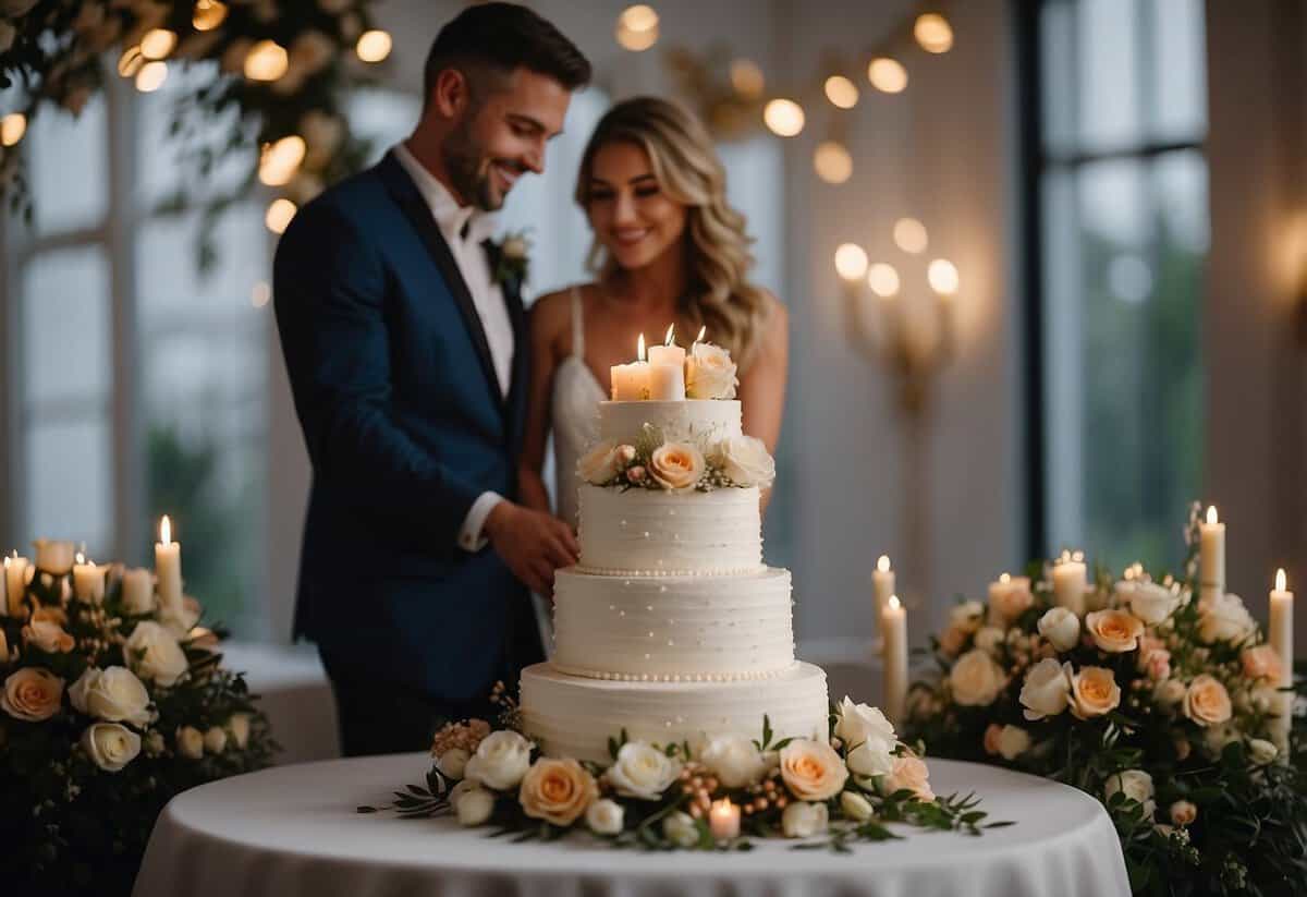 A bride and groom stand together, smiling as they delicately cut into a tiered wedding cake with a sharp knife. The cake is adorned with elegant decorations and surrounded by a beautiful display of flowers and candles