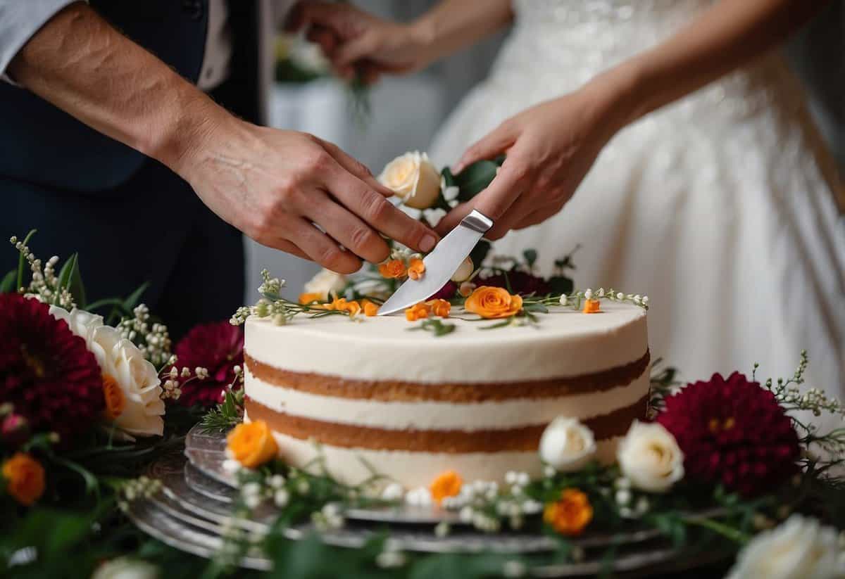 A bride and groom's hands hold a knife together, cutting into a tiered wedding cake adorned with flowers and intricate designs