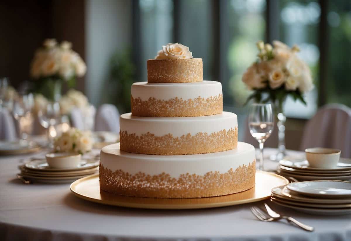 A table is set with a multi-tiered wedding cake. A cake knife and server are placed nearby, ready for the cake cutting ceremony