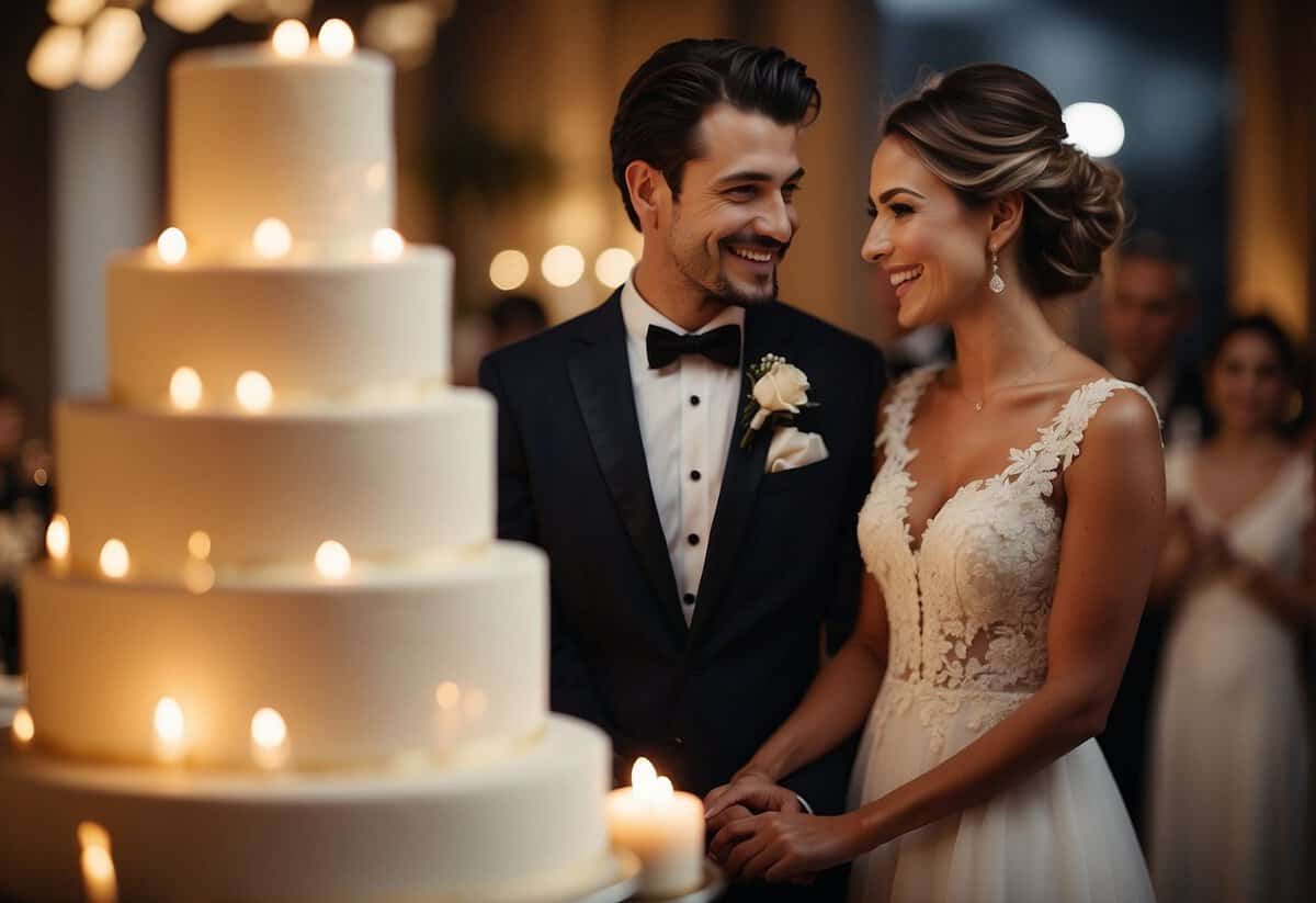 A bride and groom stand side by side, smiling as they delicately cut into a tiered wedding cake. The room is filled with the soft glow of candlelight, and guests watch with anticipation