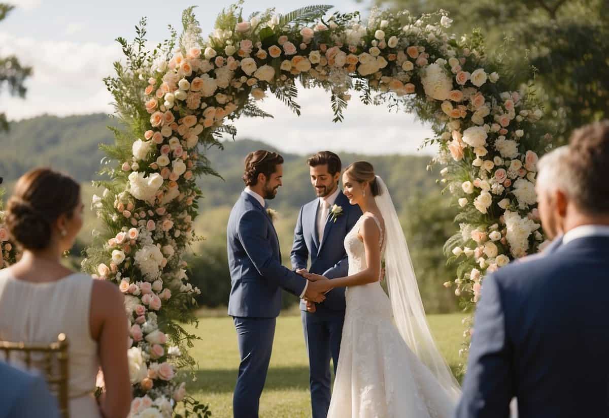 A bride and groom stand beneath a floral arch, exchanging vows. A photographer captures the moment, using natural light and a soft focus to create a romantic atmosphere