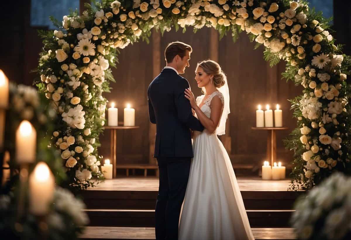 A bride and groom exchange rings at the altar, surrounded by flowers and candles, with a soft, romantic lighting creating a warm and intimate atmosphere