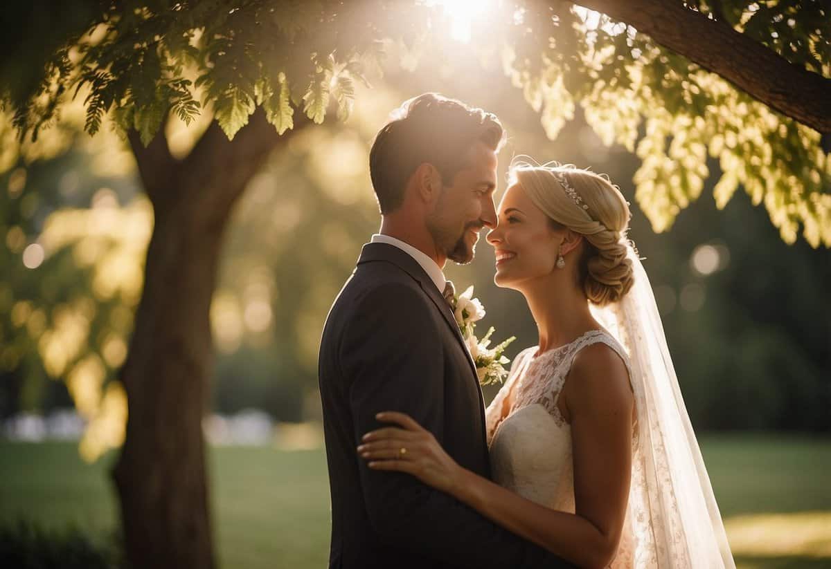 A bride and groom stand under a canopy of trees, bathed in soft, golden sunlight. The natural light highlights their joyous expressions as they exchange vows