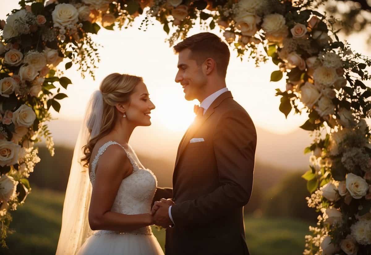 A bride and groom exchange vows under a floral arch, surrounded by loved ones, as the sun sets behind them, casting a warm glow over the scene