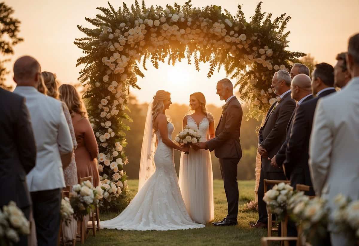 A bride and groom exchange vows under a floral arch, surrounded by their loved ones. The sun sets behind them, casting a warm glow over the scene