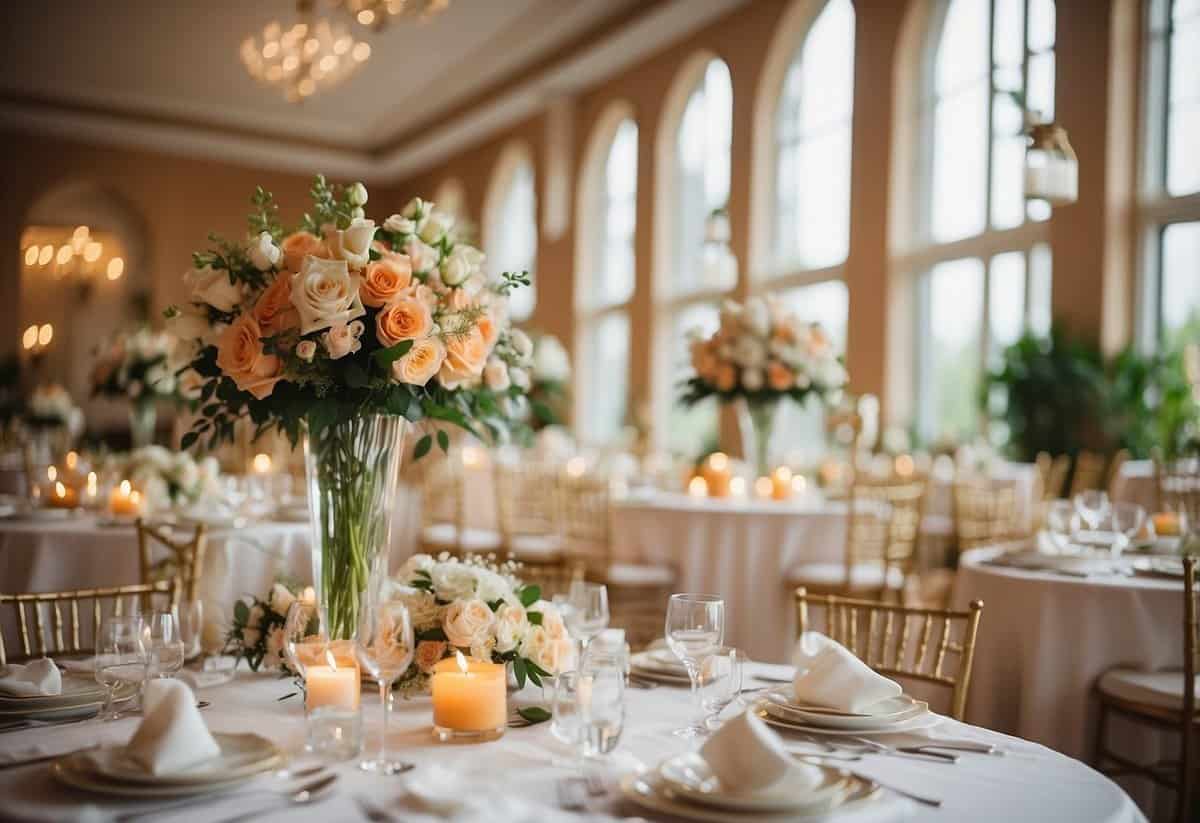 A bright, airy venue with soft, natural lighting. A beautiful backdrop with elegant decor and floral arrangements. Capture the details and ambiance