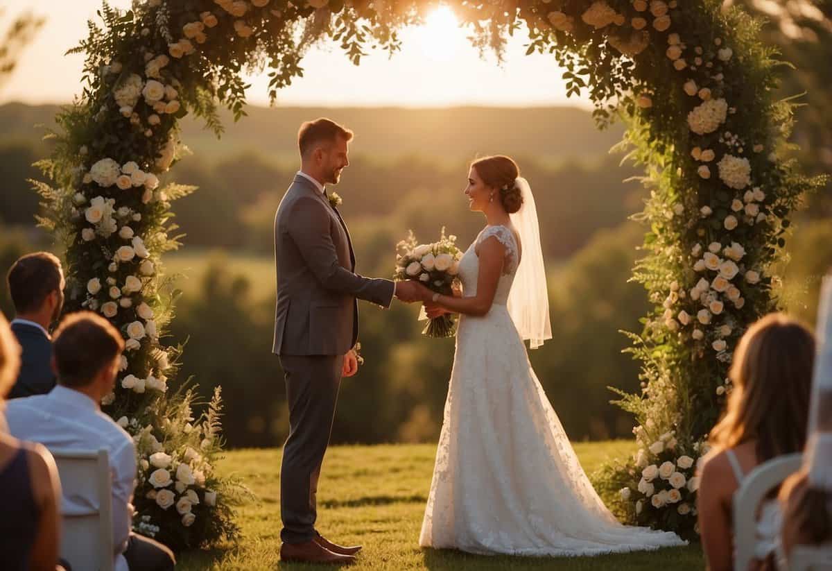 A bride and groom exchange vows under a floral arch, surrounded by family and friends. The sun sets in the background, casting a warm glow over the scene
