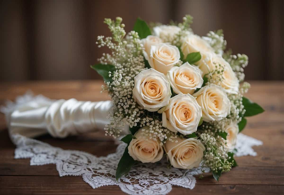 A bride's bouquet sits on a rustic wooden table, surrounded by soft natural light and delicate lace details