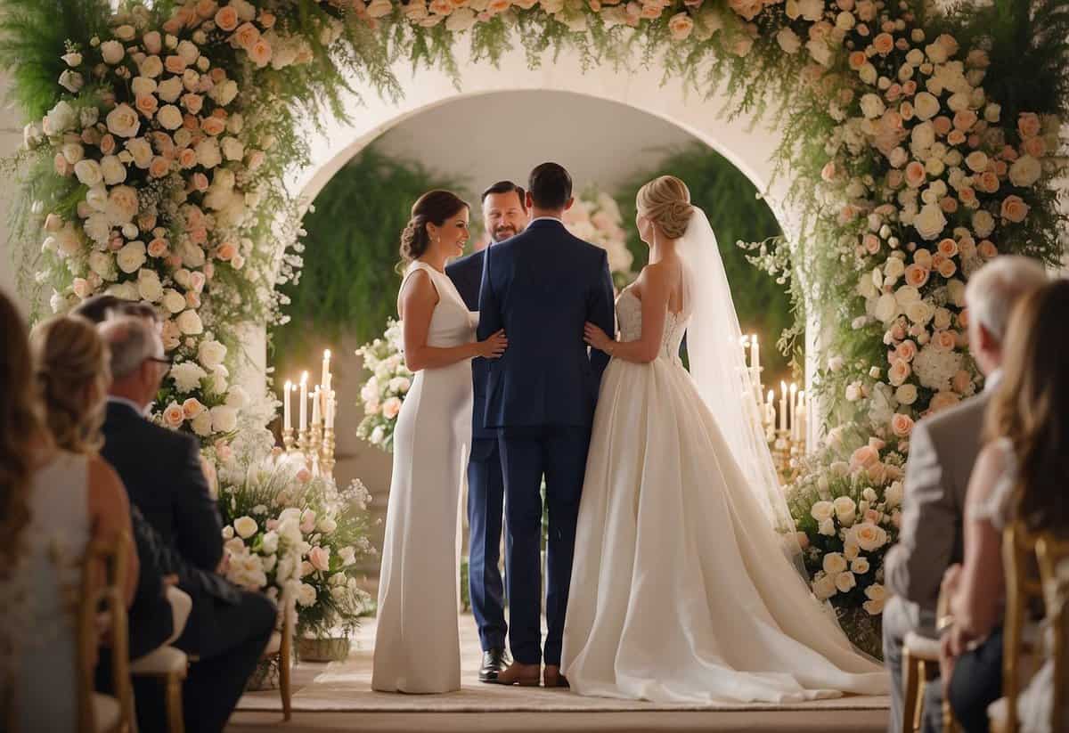 A bride and groom standing under a floral arch exchanging vows, surrounded by family and friends, with traditional elements such as candles, flowers, and a ceremonial table