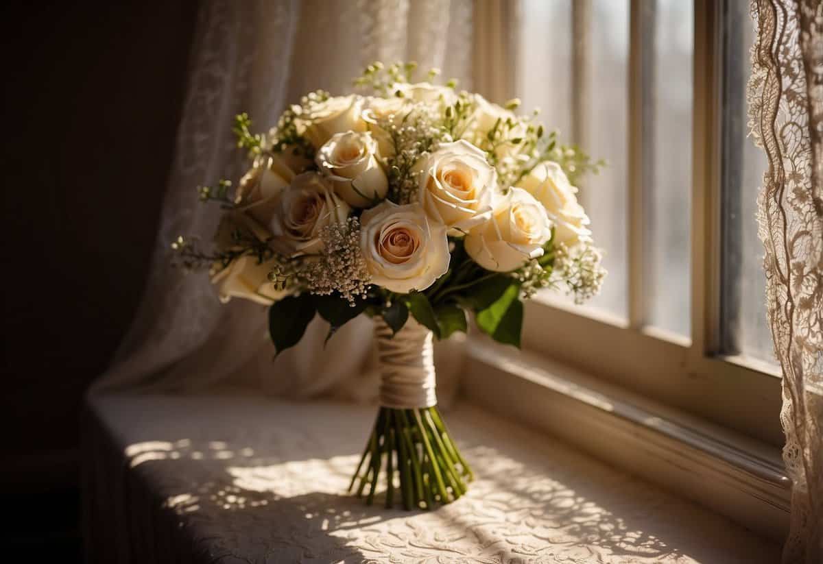 A bride's bouquet sits on a sunlit windowsill, casting a soft shadow against a lace curtain. Warm light bathes the room, highlighting intricate details of the delicate flowers