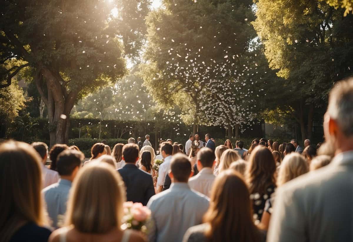 Guests laugh and mingle, petals scatter the aisle, sunlight filters through the trees, capturing candid moments