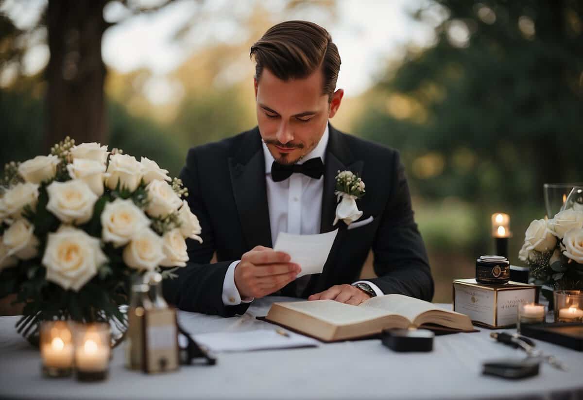 Groom reading wedding day tips, surrounded by a tuxedo, tie, cufflinks, and cologne