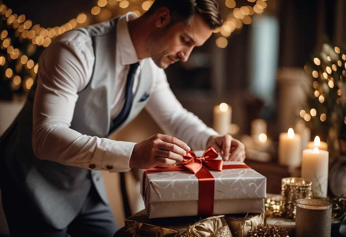 A groom carefully selects a beautiful gift for his bride, surrounded by elegant wrapping paper, ribbons, and a heartfelt card