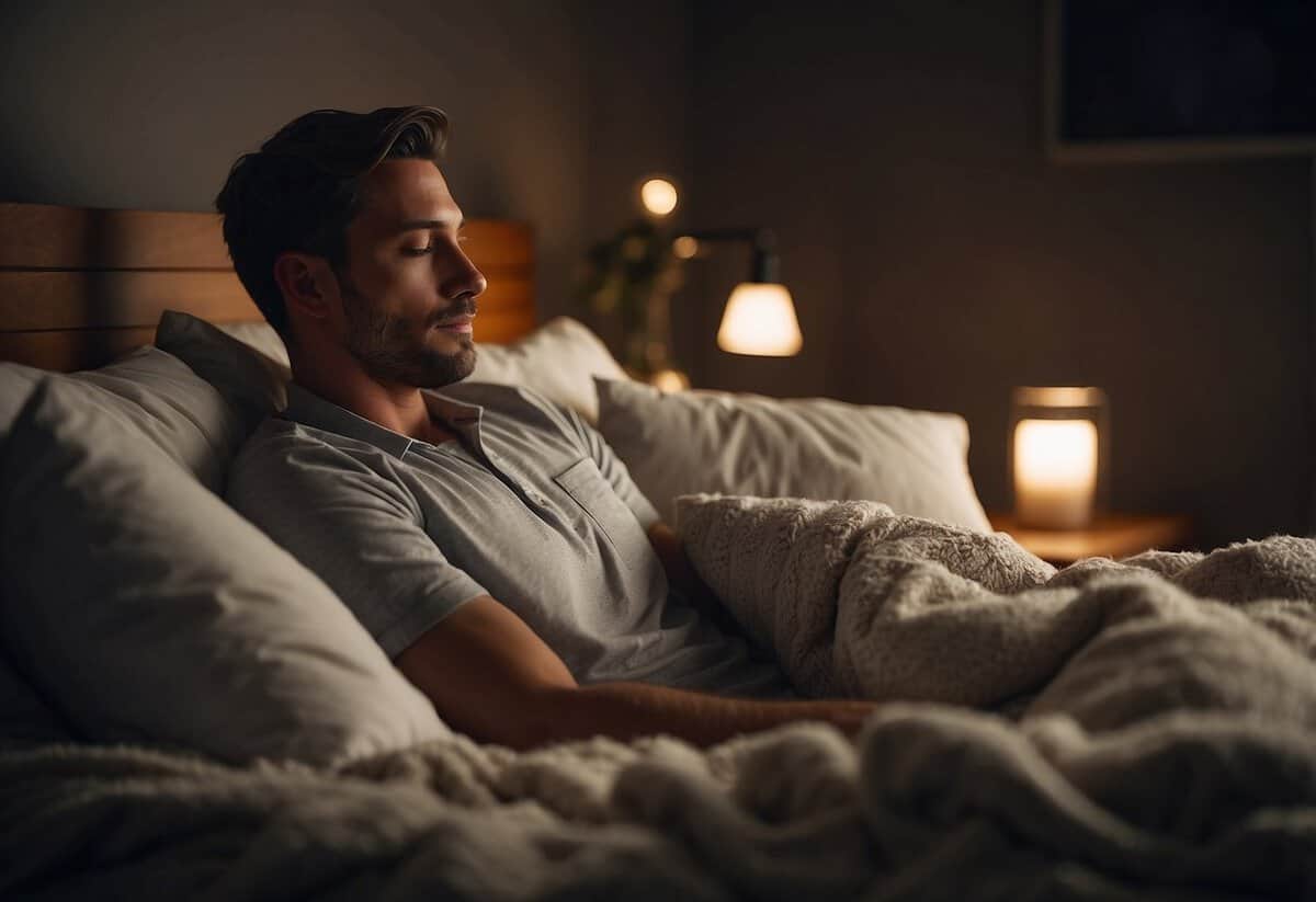 The groom lies peacefully in bed, surrounded by soft pillows and a cozy blanket. The room is dimly lit, creating a calming atmosphere for a good night's sleep