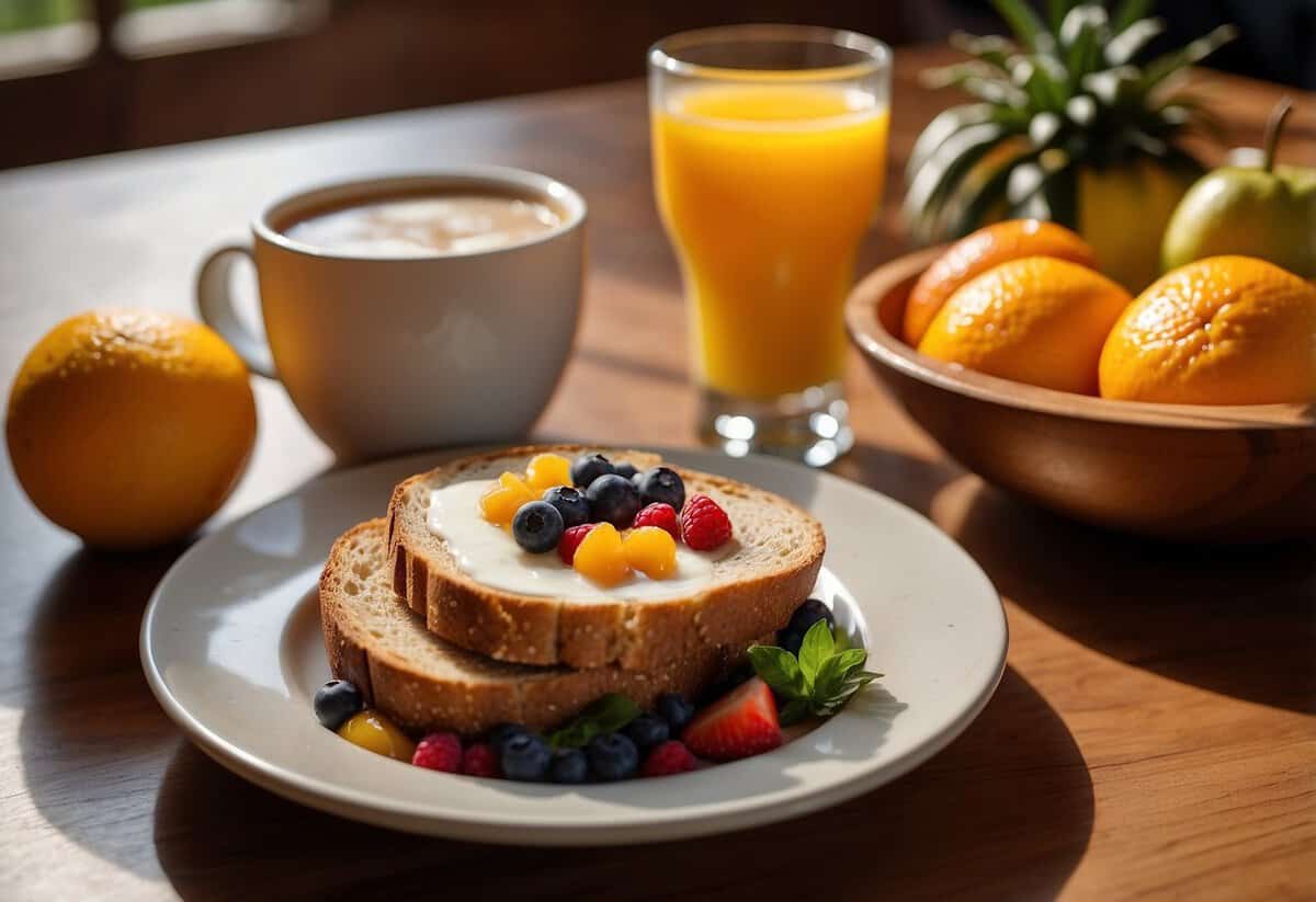 A table set with a colorful array of fruits, whole grain toast, and yogurt. A glass of fresh orange juice and a steaming cup of coffee complete the spread