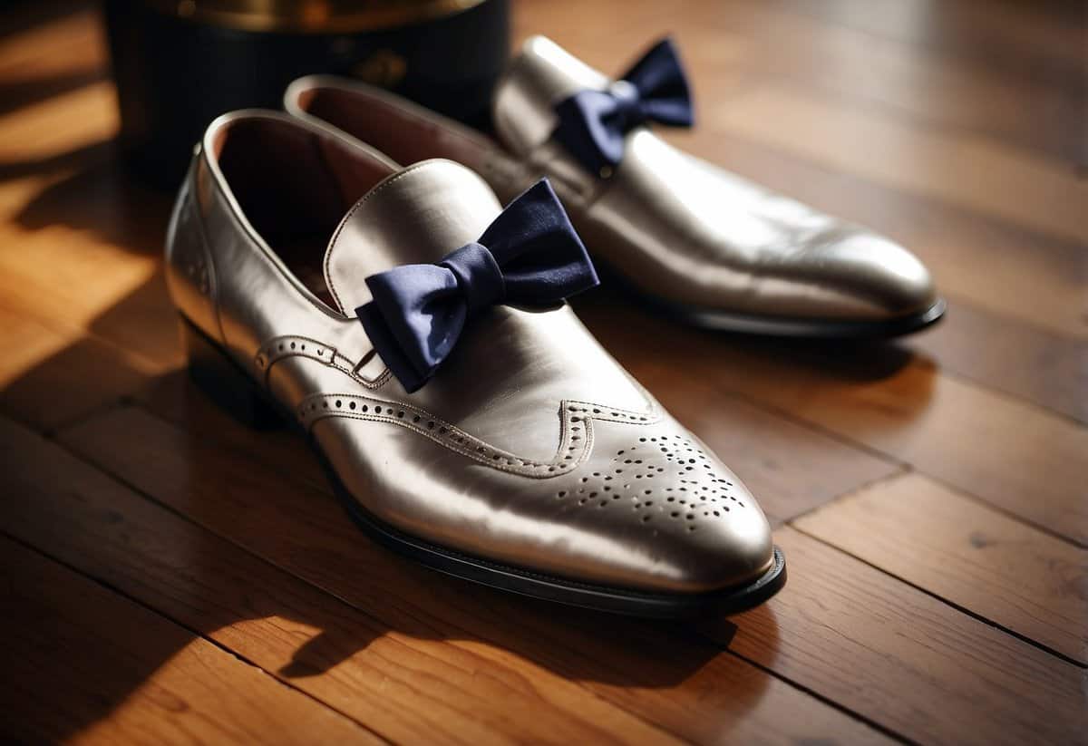 A groom's shiny shoes sit on a polished wooden floor, surrounded by a bow tie, cufflinks, and a boutonniere. A soft light highlights the details