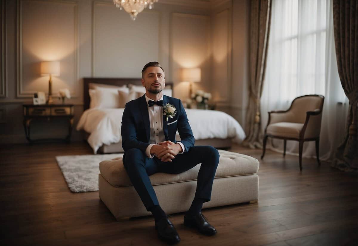 A groom sits in a serene room, taking deep breaths. A "Keep Calm and Breathe" sign hangs on the wall. Wedding attire and accessories are neatly arranged nearby