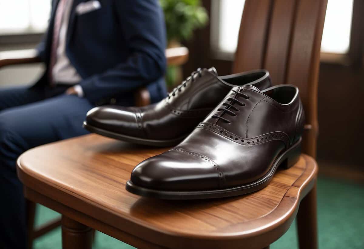 A pair of comfortable shoes placed next to a neatly pressed suit and tie on a wooden chair, ready for the groom to wear on his wedding day