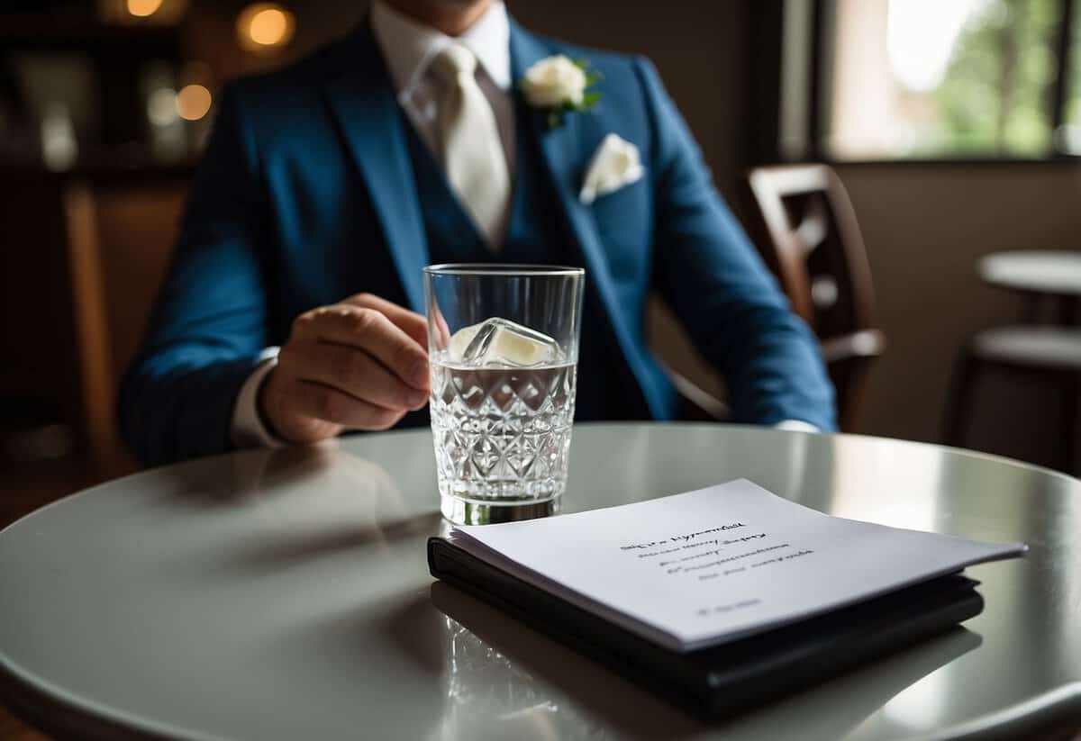 Groom's suit jacket on chair, with a glass of water and a note "Stay Hydrated" on a table